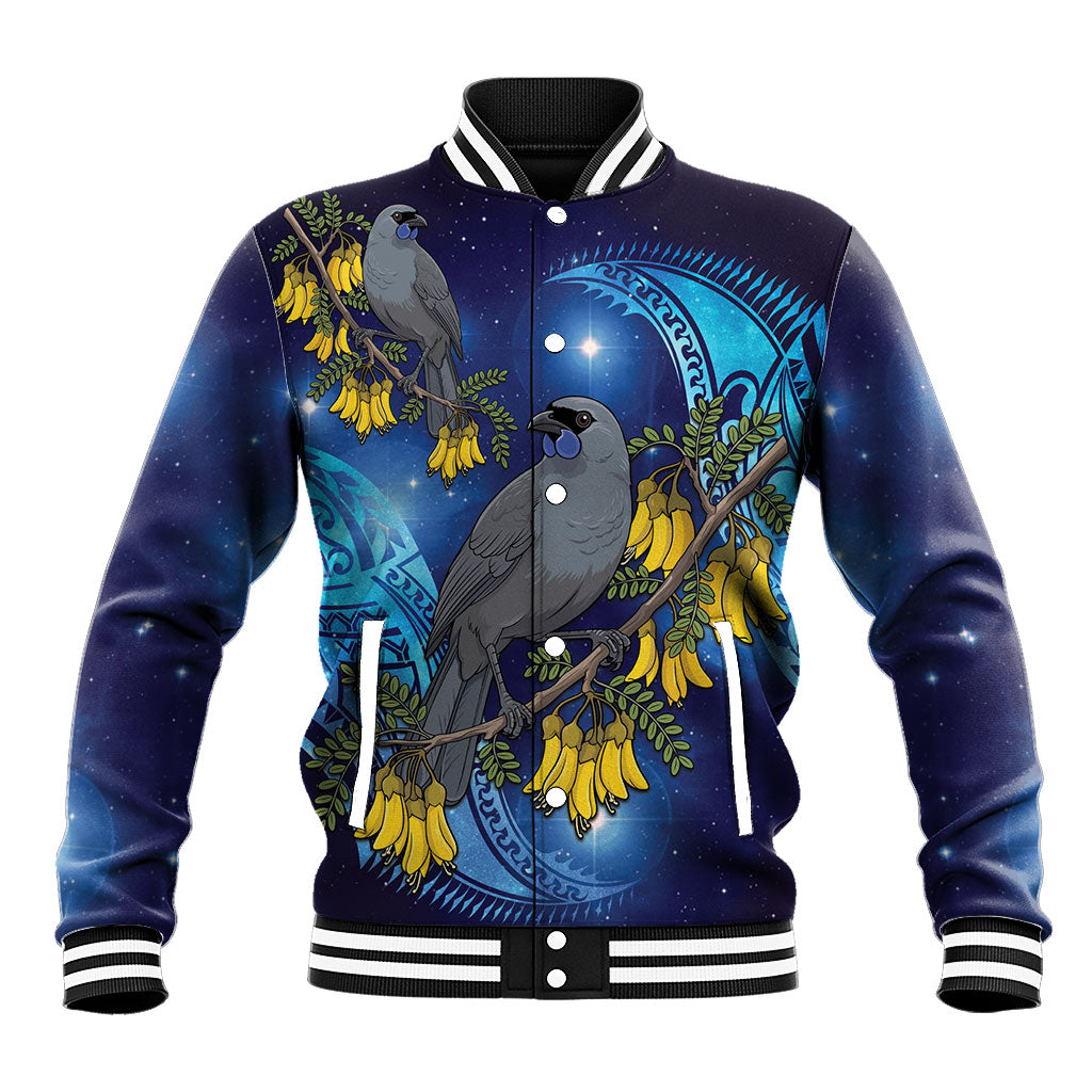 New Zealand Kokako Bird Baseball Jacket Kowhai Galaxy Style Polynesian Pattern LT22 Unisex Blue - Polynesian Pride