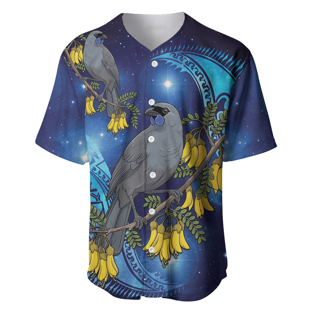 New Zealand Kokako Bird Baseball Jersey Kowhai Galaxy Style Polynesian Pattern LT22 Blue - Polynesian Pride