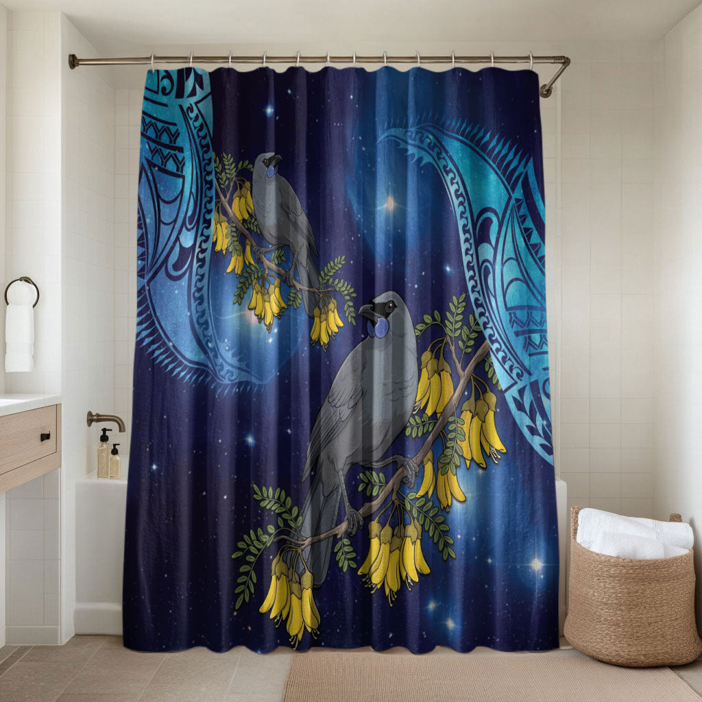 New Zealand Kokako Bird Bathroom Set Kowhai Galaxy Style Polynesian Pattern LT22 Shower Curtain Only Blue - Polynesian Pride