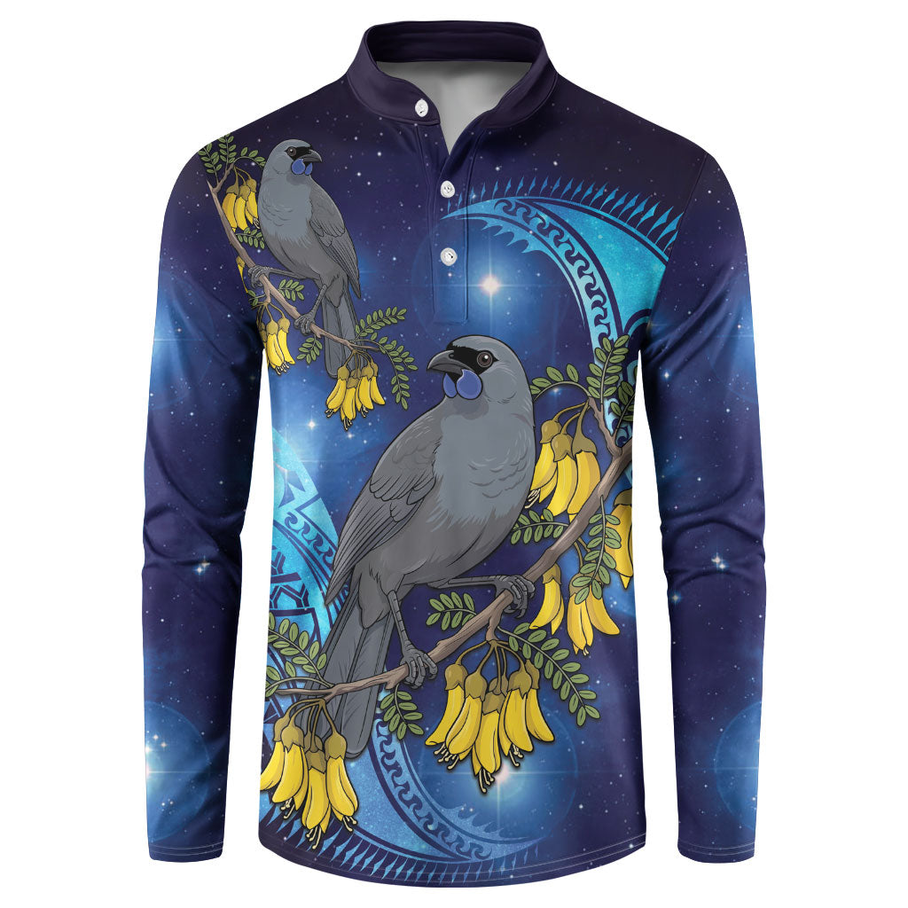 New Zealand Kokako Bird Button Sweatshirt Kowhai Galaxy Style Polynesian Pattern LT22 Blue - Polynesian Pride