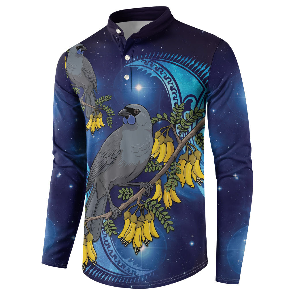 New Zealand Kokako Bird Button Sweatshirt Kowhai Galaxy Style Polynesian Pattern LT22 - Polynesian Pride