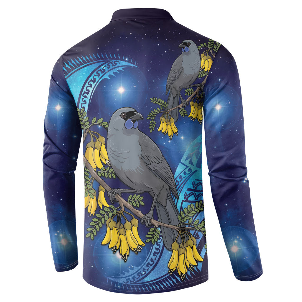 New Zealand Kokako Bird Button Sweatshirt Kowhai Galaxy Style Polynesian Pattern LT22 - Polynesian Pride