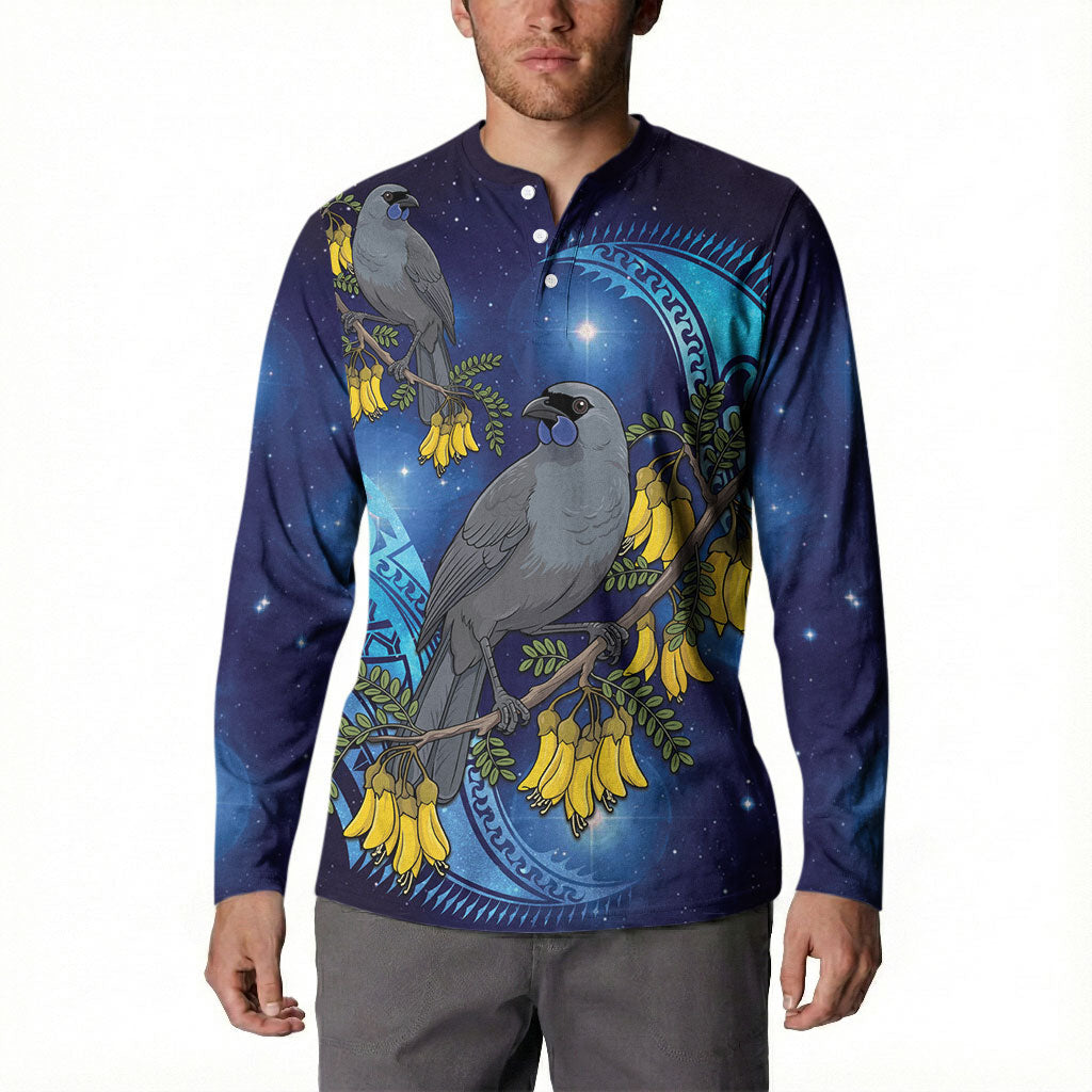 New Zealand Kokako Bird Button Sweatshirt Kowhai Galaxy Style Polynesian Pattern LT22 - Polynesian Pride