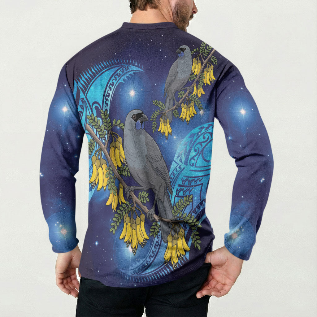 New Zealand Kokako Bird Button Sweatshirt Kowhai Galaxy Style Polynesian Pattern LT22 - Polynesian Pride