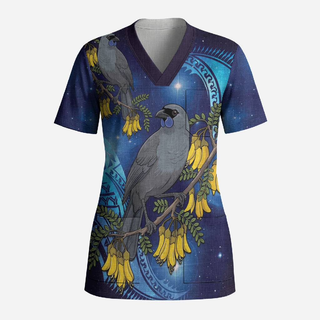 New Zealand Kokako Bird Scrub Top Kowhai Galaxy Style Polynesian Pattern LT22 Adult Blue - Polynesian Pride