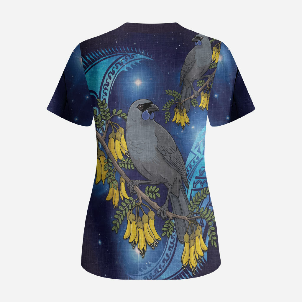 New Zealand Kokako Bird Scrub Top Kowhai Galaxy Style Polynesian Pattern LT22 - Polynesian Pride