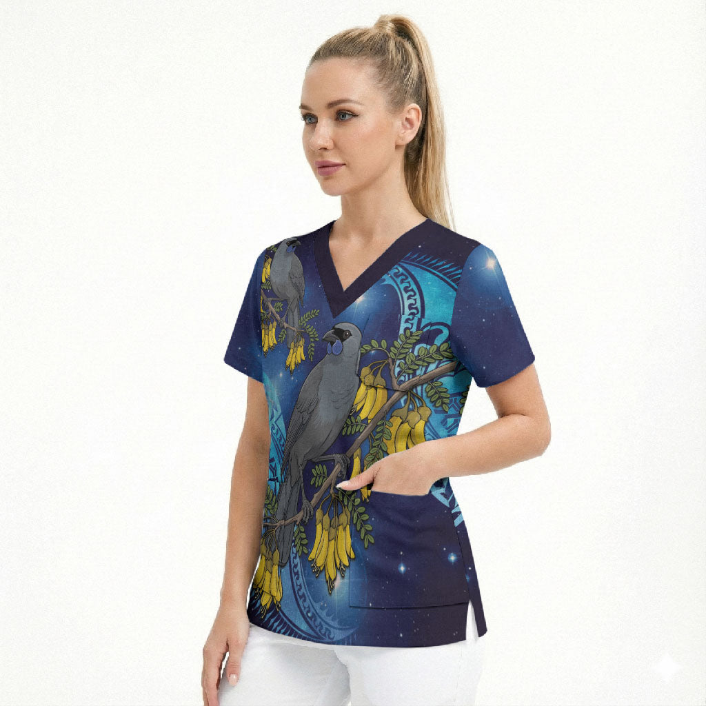 New Zealand Kokako Bird Scrub Top Kowhai Galaxy Style Polynesian Pattern LT22 - Polynesian Pride