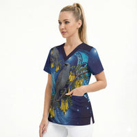 New Zealand Kokako Bird Scrub Top Kowhai Galaxy Style Polynesian Pattern LT22 - Polynesian Pride