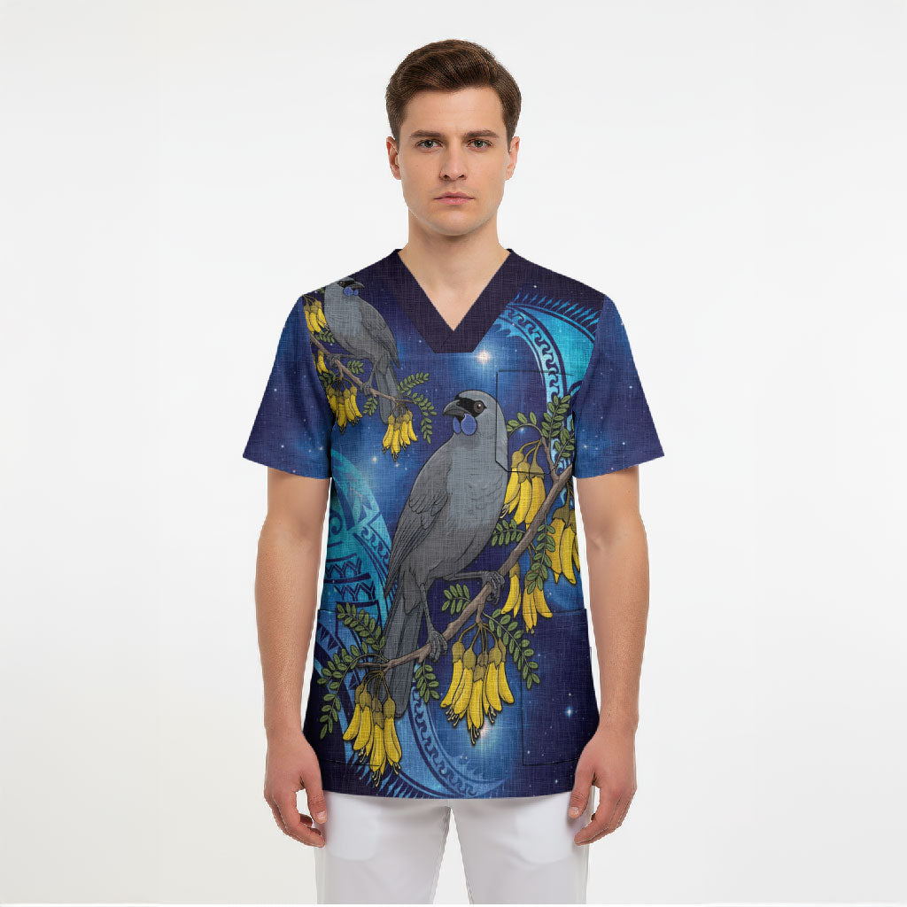New Zealand Kokako Bird Scrub Top Kowhai Galaxy Style Polynesian Pattern LT22 - Polynesian Pride