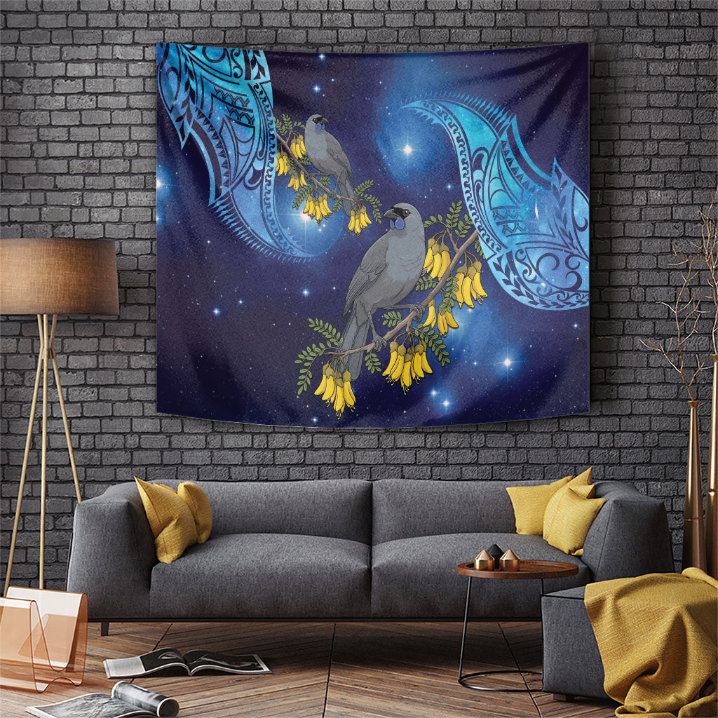 New Zealand Kokako Bird Tapestry Kowhai Galaxy Style Polynesian Pattern LT22 Blue - Polynesian Pride