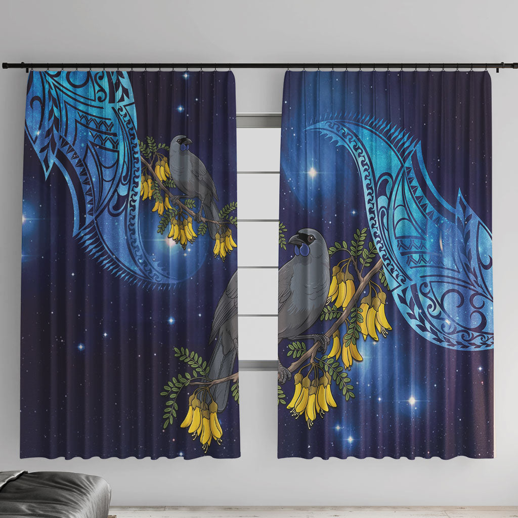 New Zealand Kokako Bird Window Curtain Kowhai Galaxy Style Polynesian Pattern LT22 With Hooks Blue - Polynesian Pride