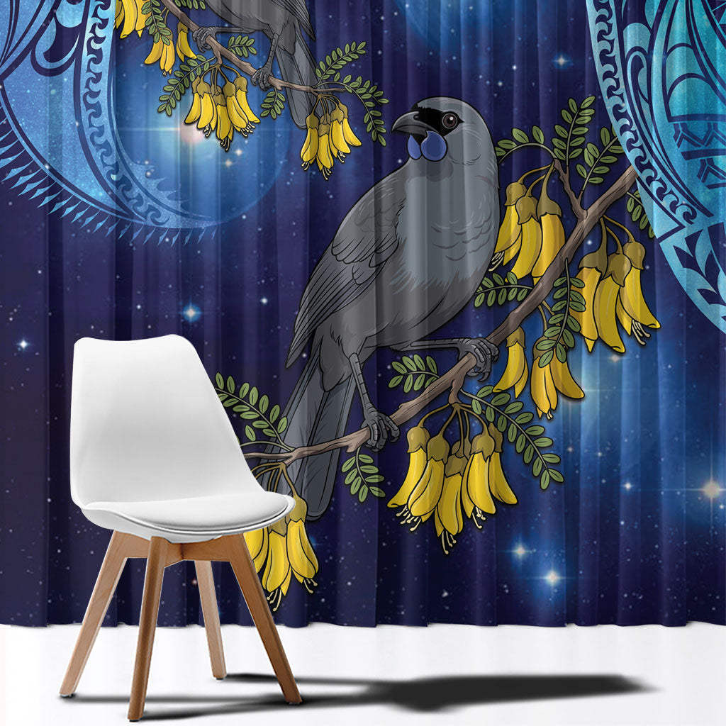 New Zealand Kokako Bird Window Curtain Kowhai Galaxy Style Polynesian Pattern LT22 - Polynesian Pride