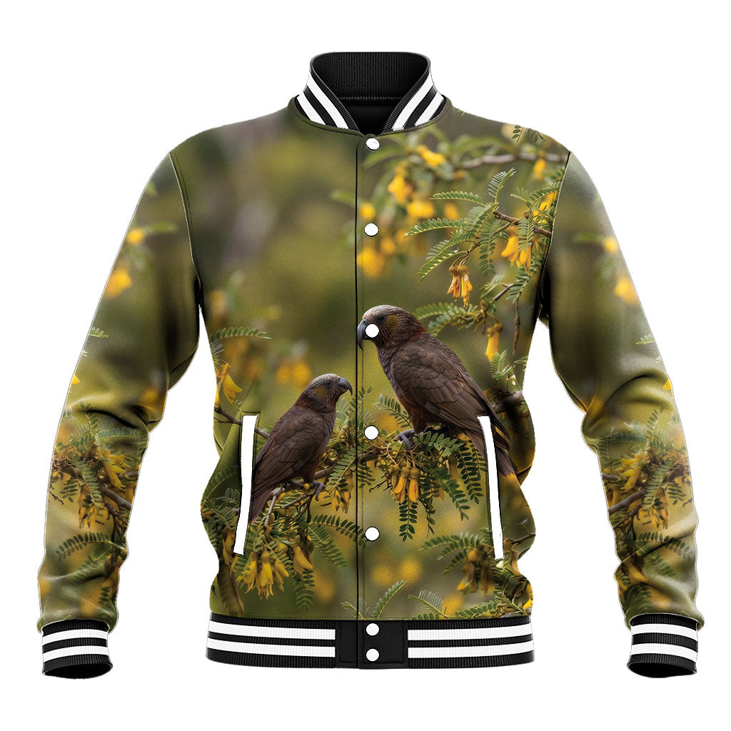 New Zealand Kaka Bird Baseball Jacket Kowhai Flower Landscape Style LT22 Unisex Green - Polynesian Pride