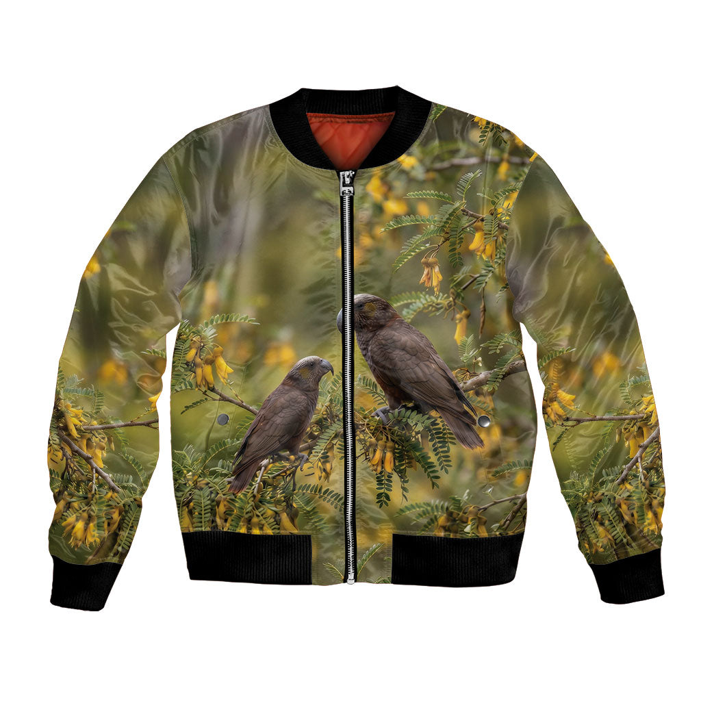 New Zealand Kaka Bird Bomber Jacket Kowhai Flower Landscape Style LT22 Unisex Green - Polynesian Pride