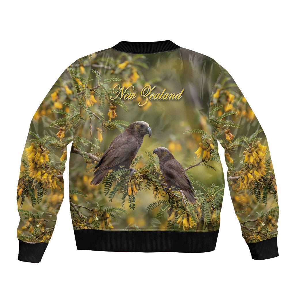 New Zealand Kaka Bird Bomber Jacket Kowhai Flower Landscape Style LT22 - Polynesian Pride