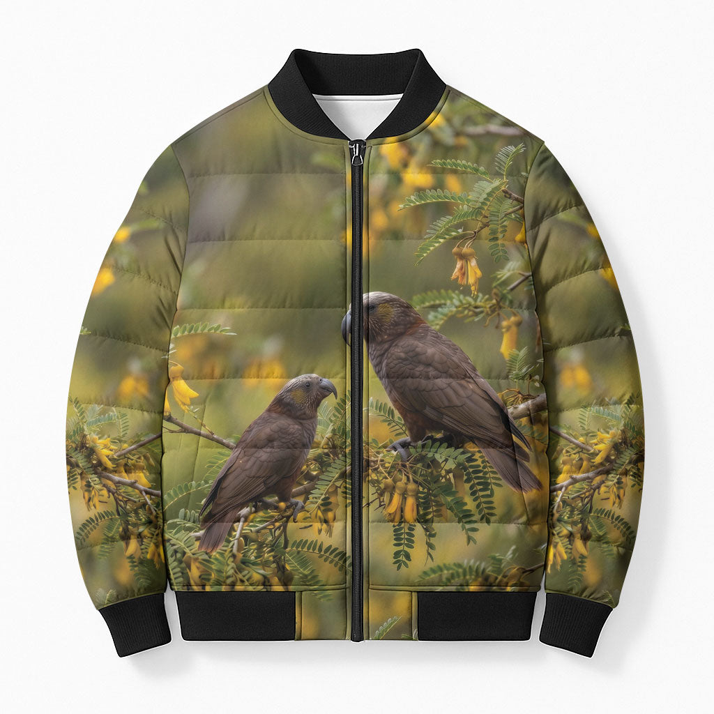 New Zealand Kaka Bird Bomber Puffer Jacket Kowhai Flower Landscape Style LT22 Unisex Green - Polynesian Pride