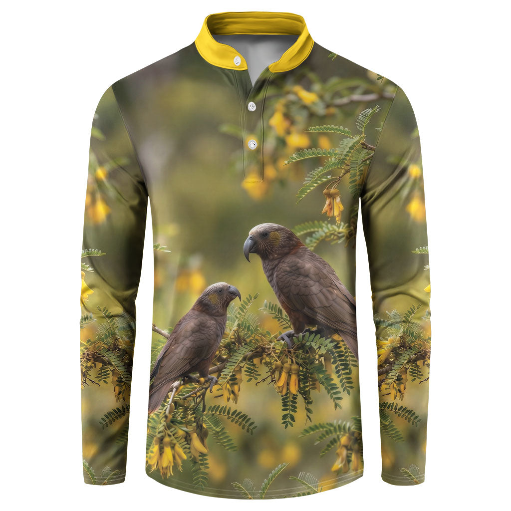 New Zealand Kaka Bird Button Sweatshirt Kowhai Flower Landscape Style LT22 Green - Polynesian Pride