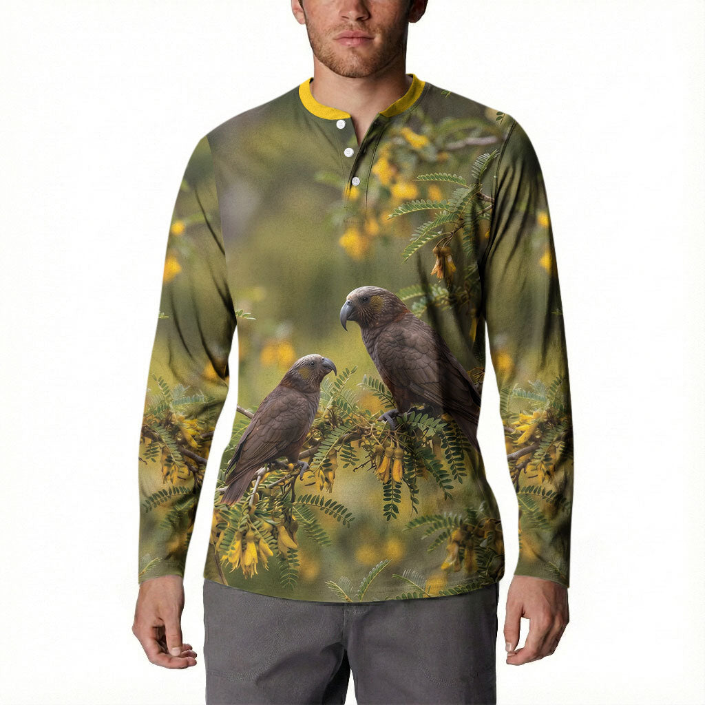 New Zealand Kaka Bird Button Sweatshirt Kowhai Flower Landscape Style LT22 - Polynesian Pride