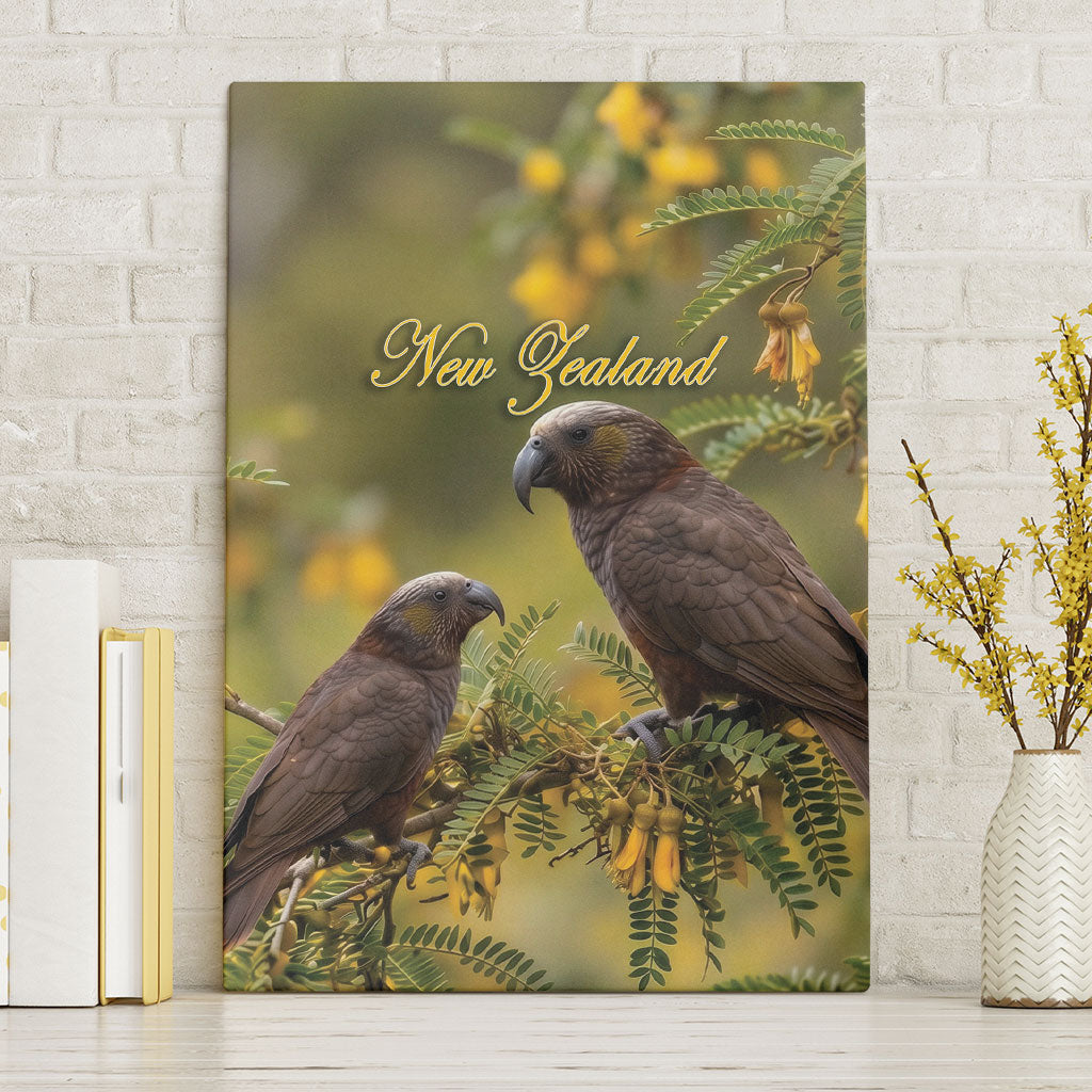 New Zealand Kaka Bird Canvas Wall Art Kowhai Flower Landscape Style LT22 Without Frame Green - Polynesian Pride