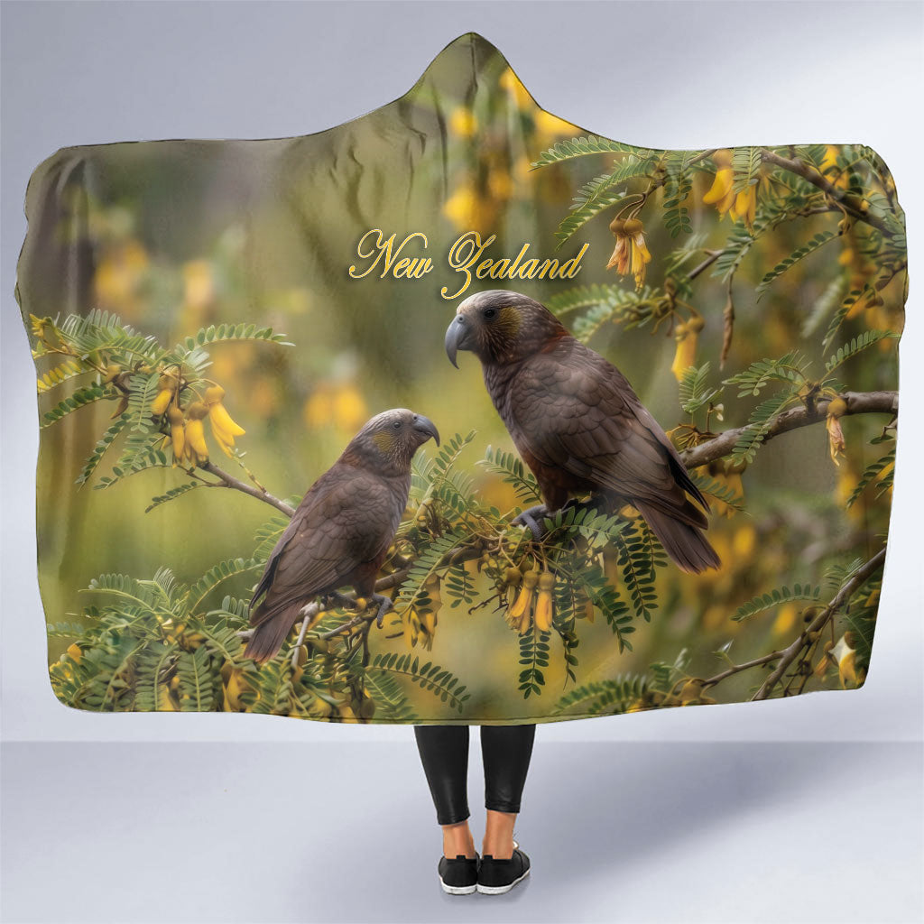 New Zealand Kaka Bird Hooded Blanket Kowhai Flower Landscape Style LT22 One Size Green - Polynesian Pride