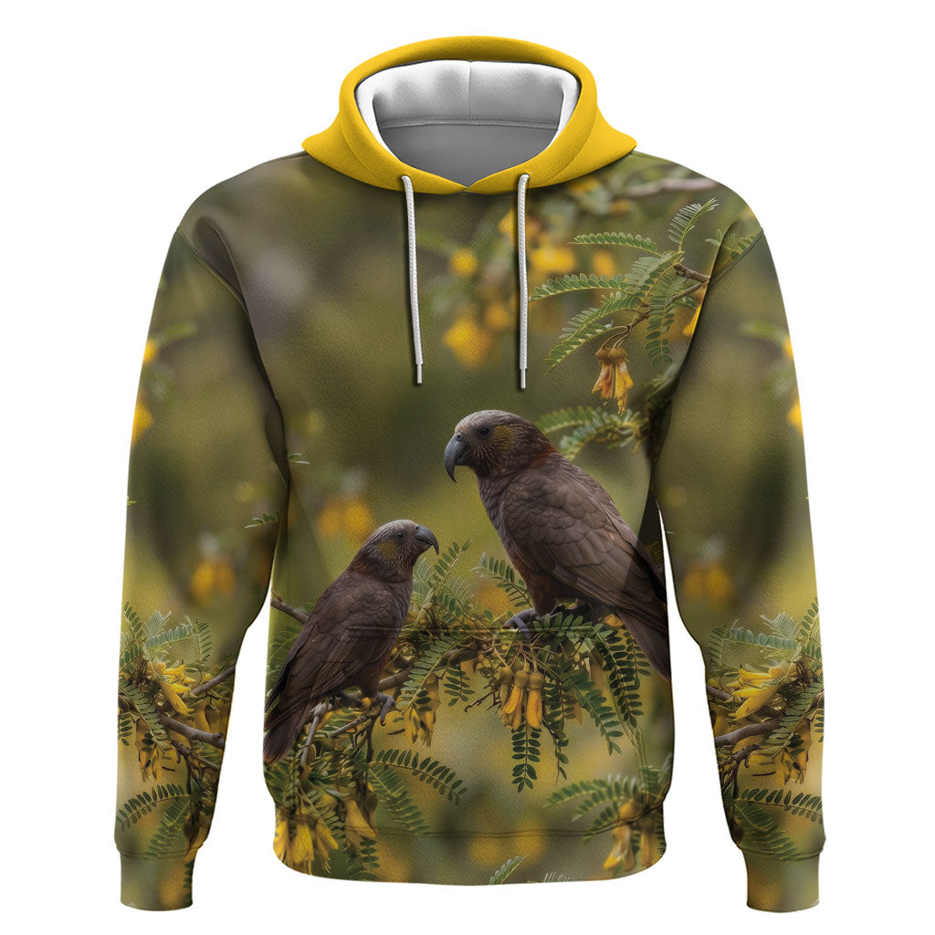 New Zealand Kaka Bird Hoodie Kowhai Flower Landscape Style LT22 Pullover Hoodie Green - Polynesian Pride