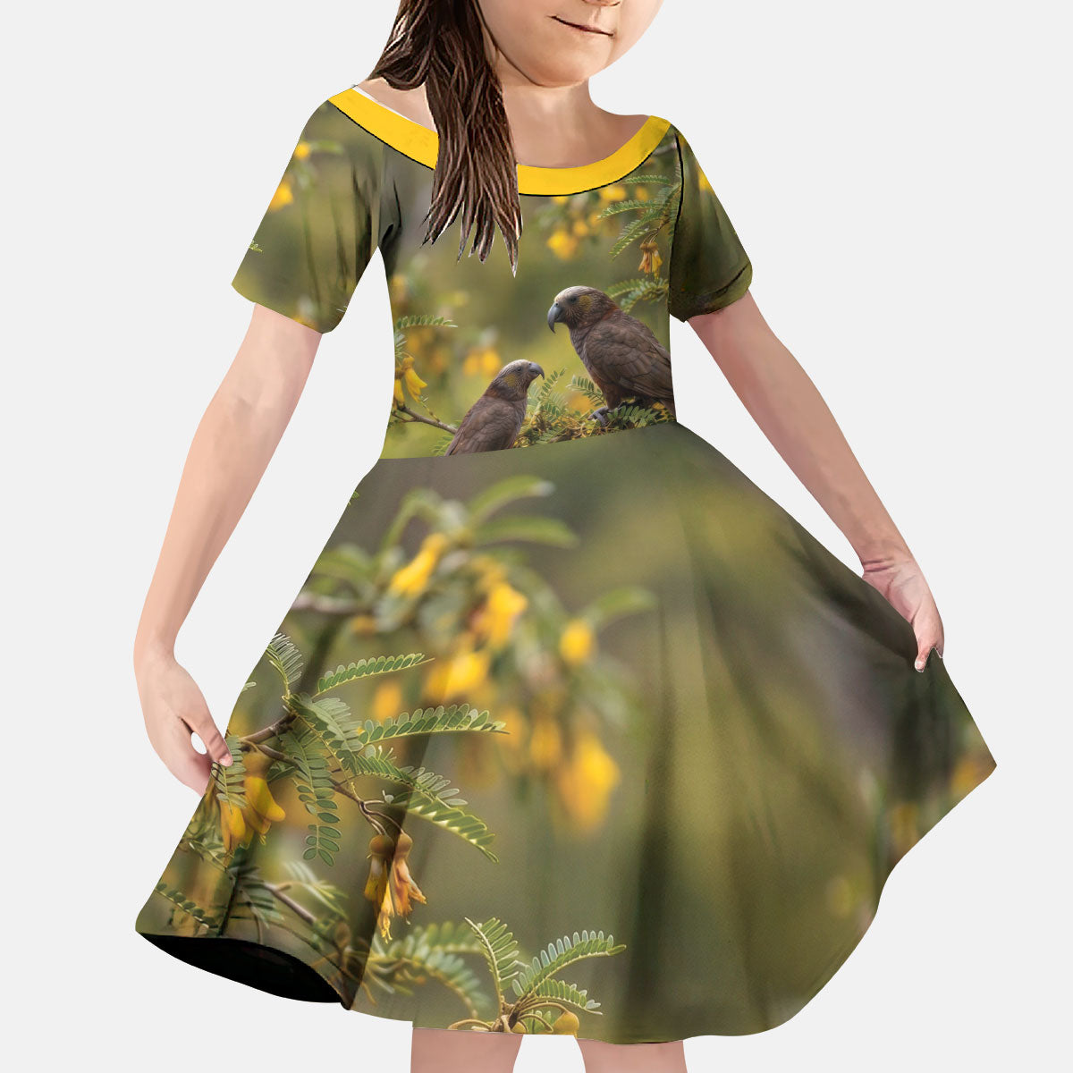 New Zealand Kaka Bird Kid Short Sleeve Dress Kowhai Flower Landscape Style LT22 KID Green - Polynesian Pride