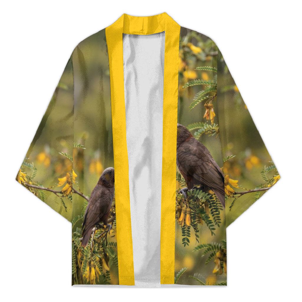 New Zealand Kaka Bird Kimono Kowhai Flower Landscape Style LT22 Unisex Green - Polynesian Pride