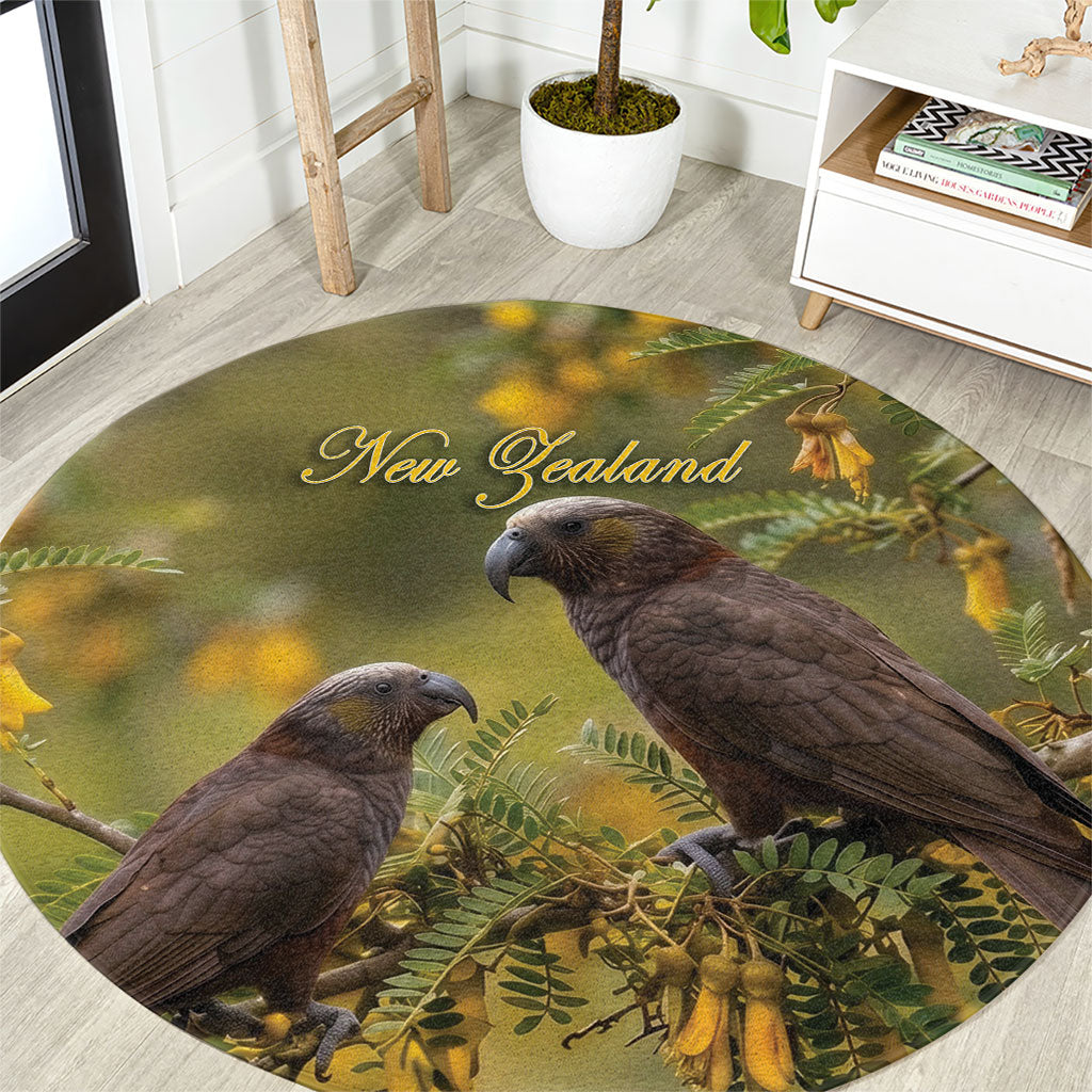 New Zealand Kaka Bird Round Carpet Kowhai Flower Landscape Style LT22 Green - Polynesian Pride