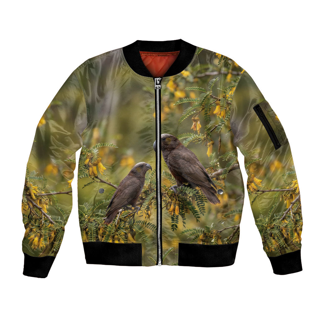 New Zealand Kaka Bird Sleeve Zip Bomber Jacket Kowhai Flower Landscape Style LT22 Unisex Green - Polynesian Pride