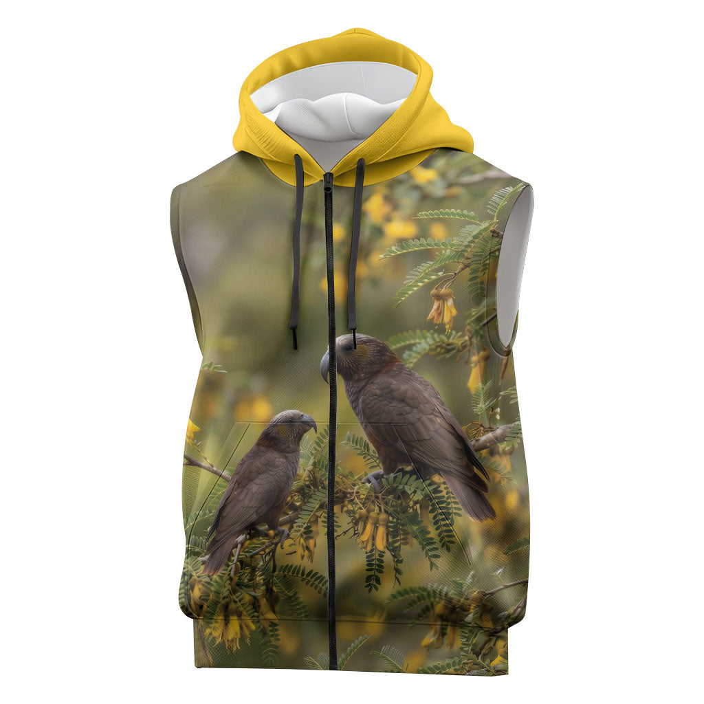 New Zealand Kaka Bird Sleeveless Zip Hoodie Kowhai Flower Landscape Style LT22 Green - Polynesian Pride
