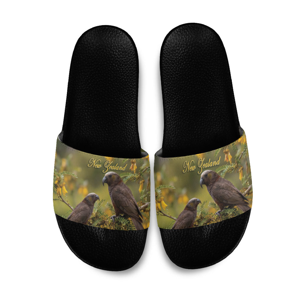 New Zealand Kaka Bird Slide Sandals Kowhai Flower Landscape Style LT22 Green - Polynesian Pride