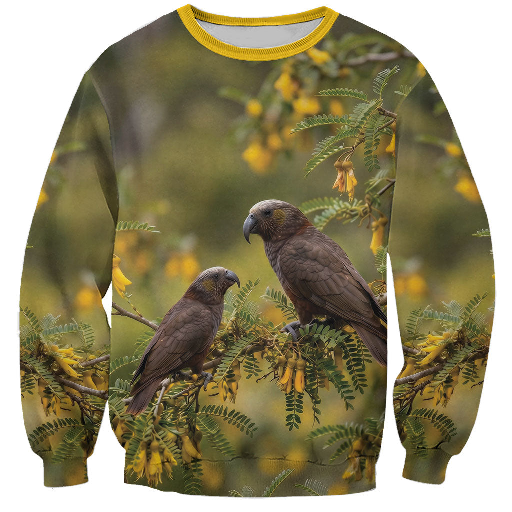 New Zealand Kaka Bird Sweatshirt Kowhai Flower Landscape Style LT22 Unisex Green - Polynesian Pride