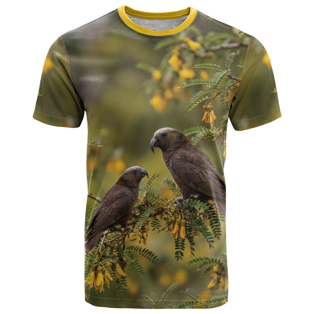 New Zealand Kaka Bird T Shirt Kowhai Flower Landscape Style LT22 Green - Polynesian Pride