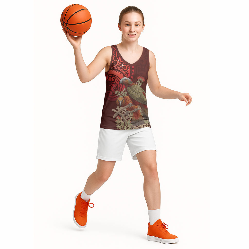 New Zealand Kaka Bird Personalised Basketball Jersey Pohutukawa Matariki Maori Pattern LT22 - Polynesian Pride