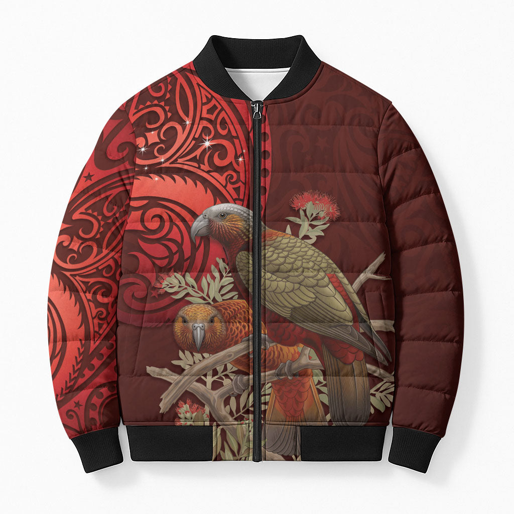 New Zealand Kaka Bird Personalised Bomber Puffer Jacket Pohutukawa Matariki Maori Pattern LT22 Unisex Red - Polynesian Pride