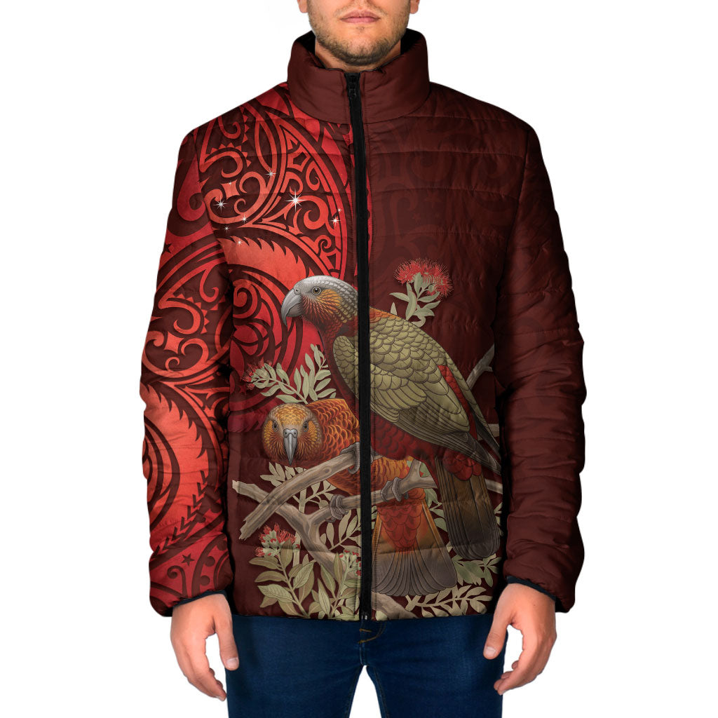 New Zealand Kaka Bird Personalised Padded Jacket Pohutukawa Matariki Maori Pattern LT22 Men Red - Polynesian Pride