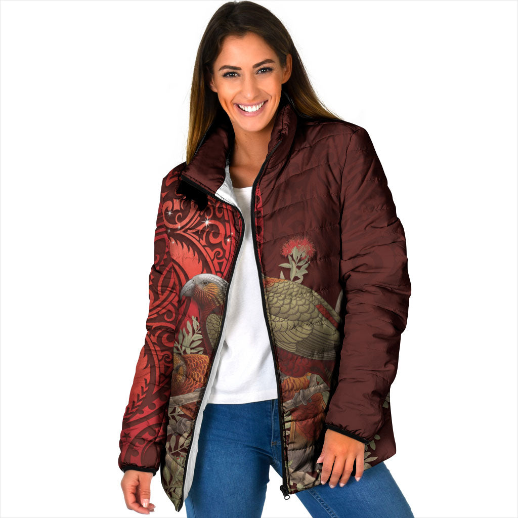 New Zealand Kaka Bird Personalised Padded Jacket Pohutukawa Matariki Maori Pattern LT22 Women Red - Polynesian Pride