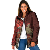New Zealand Kaka Bird Personalised Padded Jacket Pohutukawa Matariki Maori Pattern LT22 Women Red - Polynesian Pride