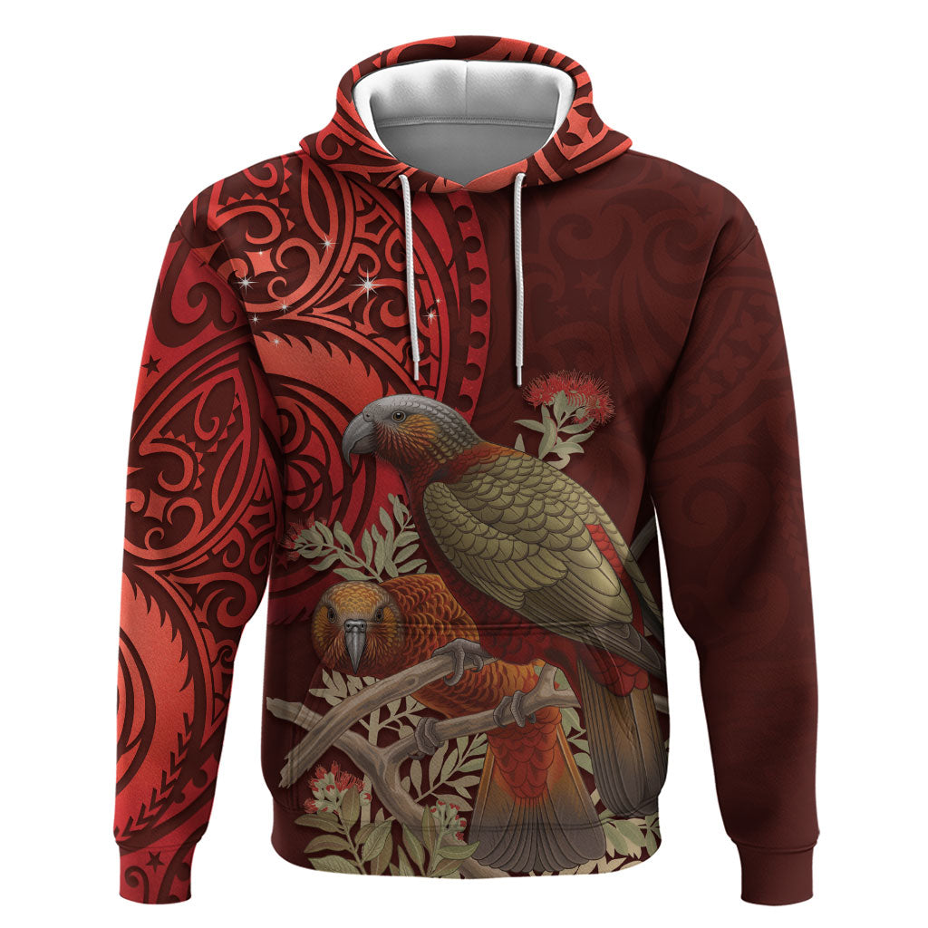New Zealand Kaka Bird Personalised Zip Hoodie Pohutukawa Matariki Maori Pattern LT22 Pullover Hoodie Red - Polynesian Pride