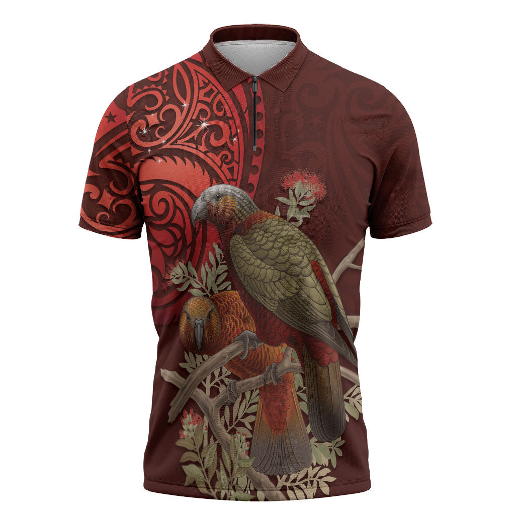 New Zealand Kaka Bird Personalised Zipper Polo Shirt Pohutukawa Matariki Maori Pattern LT22 Red - Polynesian Pride