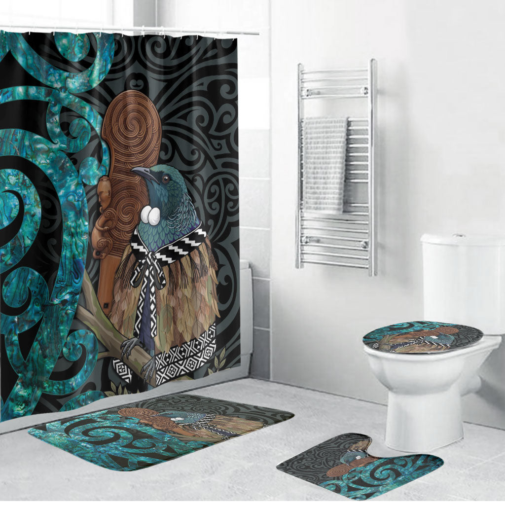 New Zealand Tui Bird Wahaika Bathroom Set Maori Weapon Paua Shell Koru Pattern LT22 Bathroom Set (4 pcs) Black - Polynesian Pride