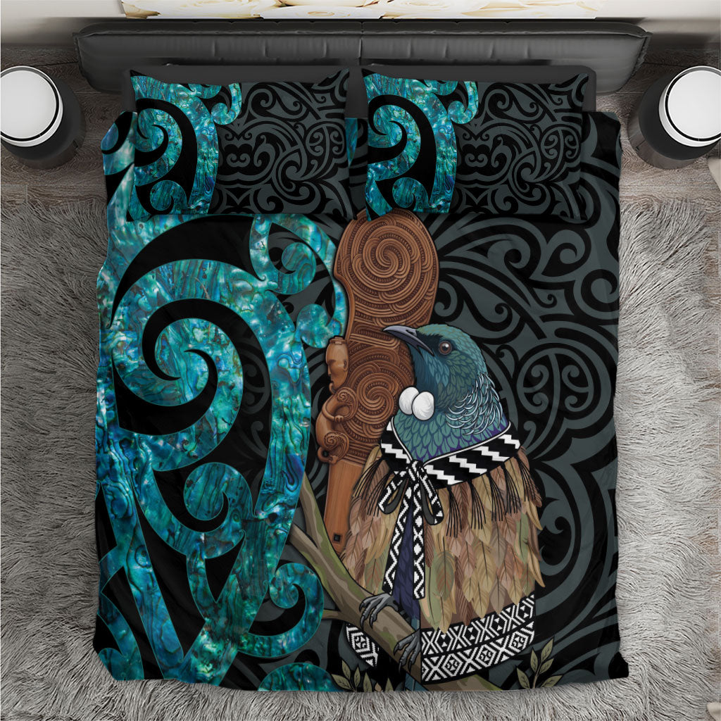 New Zealand Tui Bird Wahaika Bedding Set Maori Weapon Paua Shell Koru Pattern LT22 Black - Polynesian Pride