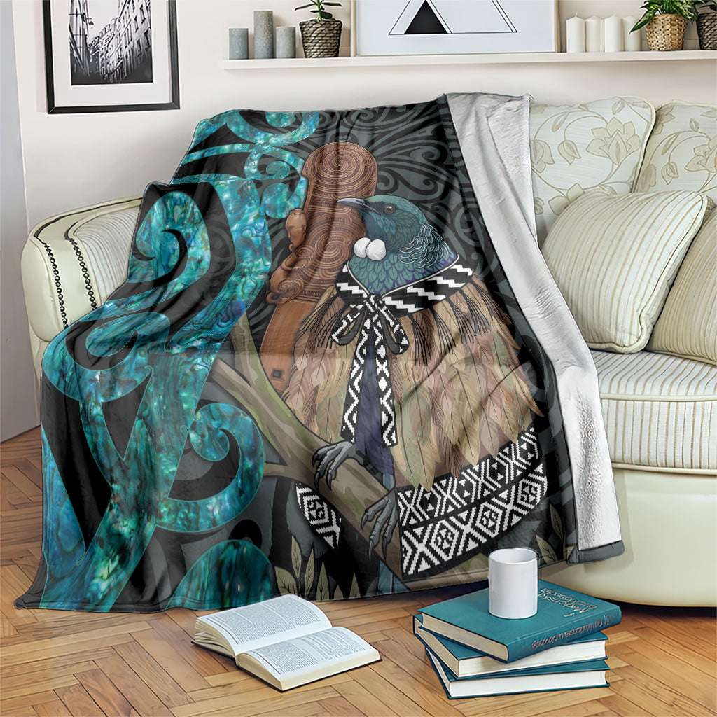 New Zealand Tui Bird Wahaika Blanket Maori Weapon Paua Shell Koru Pattern LT22 Black - Polynesian Pride