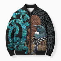 New Zealand Tui Bird Wahaika Bomber Puffer Jacket Maori Weapon Paua Shell Koru Pattern LT22 Unisex Black - Polynesian Pride