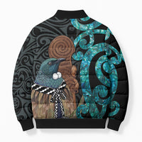 New Zealand Tui Bird Wahaika Bomber Puffer Jacket Maori Weapon Paua Shell Koru Pattern LT22 - Polynesian Pride