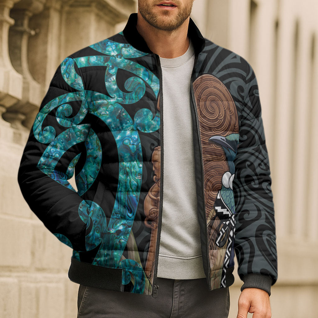 New Zealand Tui Bird Wahaika Bomber Puffer Jacket Maori Weapon Paua Shell Koru Pattern LT22 - Polynesian Pride