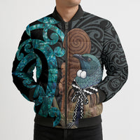 New Zealand Tui Bird Wahaika Bomber Puffer Jacket Maori Weapon Paua Shell Koru Pattern LT22 - Polynesian Pride