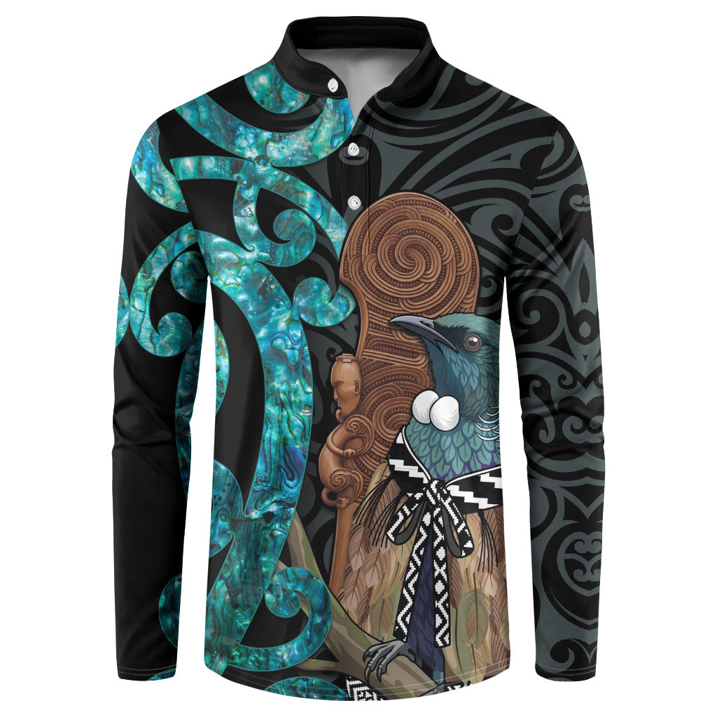 New Zealand Tui Bird Wahaika Button Sweatshirt Maori Weapon Paua Shell Koru Pattern LT22 Black - Polynesian Pride