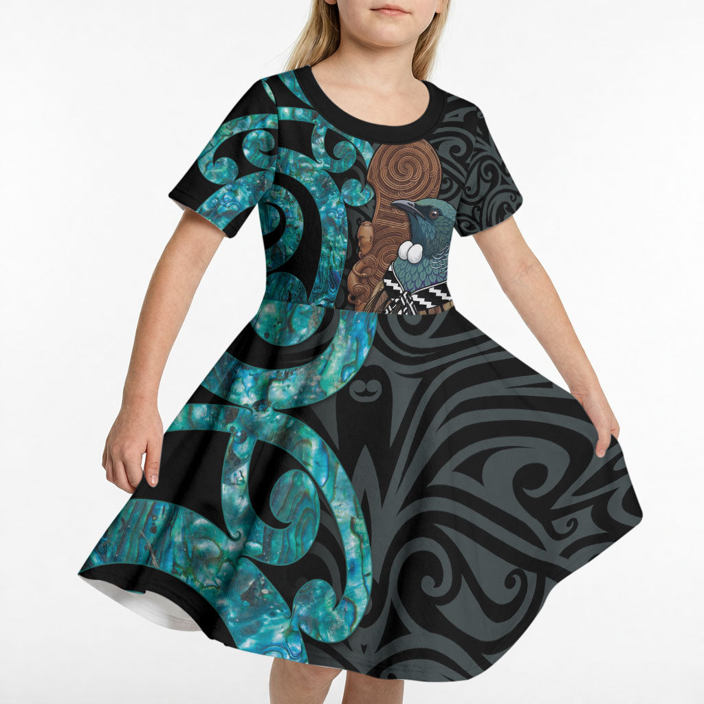 New Zealand Tui Bird Wahaika Kid Short Sleeve Dress Maori Weapon Paua Shell Koru Pattern LT22 - Polynesian Pride