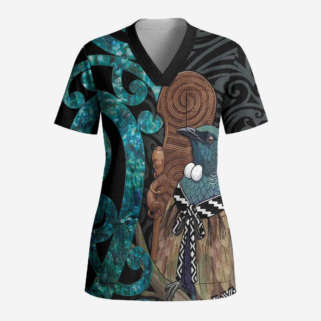 New Zealand Tui Bird Wahaika Scrub Top Maori Weapon Paua Shell Koru Pattern LT22 Adult Black - Polynesian Pride